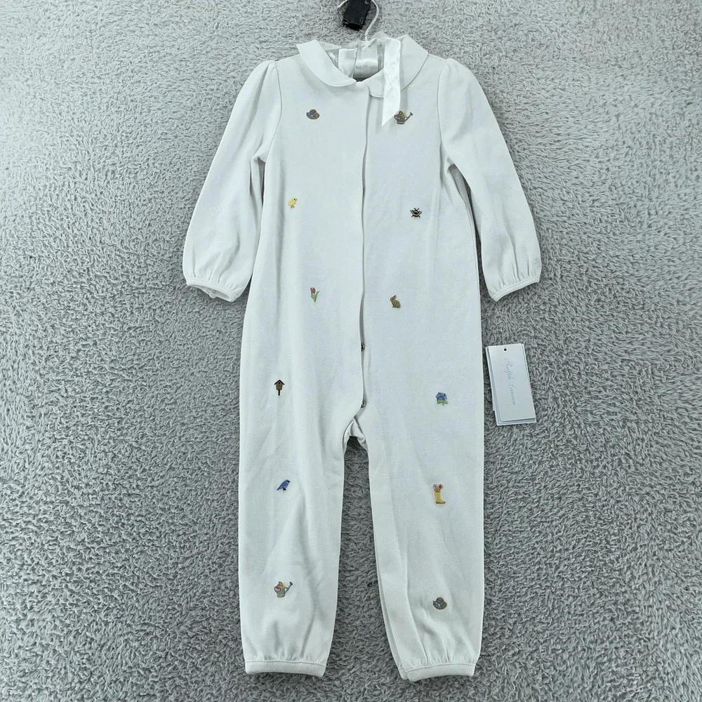 Ralph Lauren Romper Baby‎ Girls 18M White Peter Pan Collar Embroidered One Piece